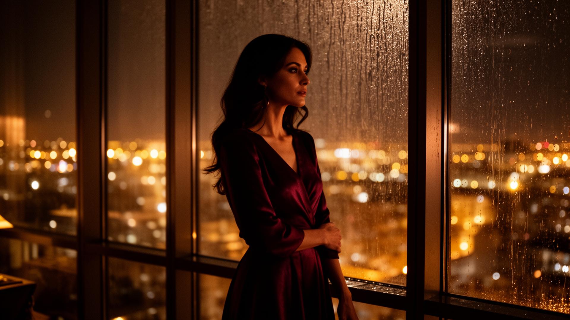Mulher à janela em uma noite chuvosa, luz dourada